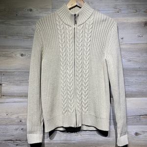 Lands End Vtg. Sweater Size M Full-Zip Beige Chunky Thick Cable-Knit Fisherman
